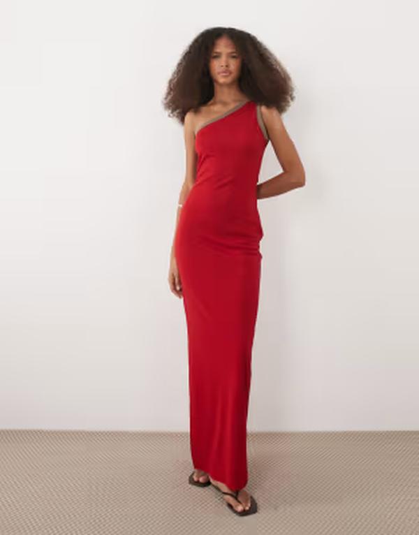 エイソス レディース トップス 衣装 マキシ ASOS DESIGN one shoulder with side split maxi dress RED 赤いこと