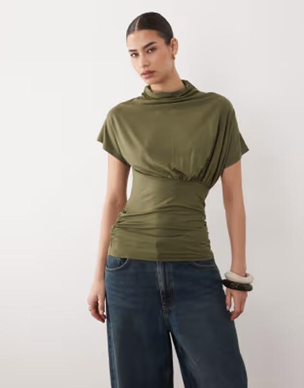 エイソス レディース トップス プルオーバー ハイネック ASOS DESIGN short sleeve withigh neck and ruching top Khaki カーキ