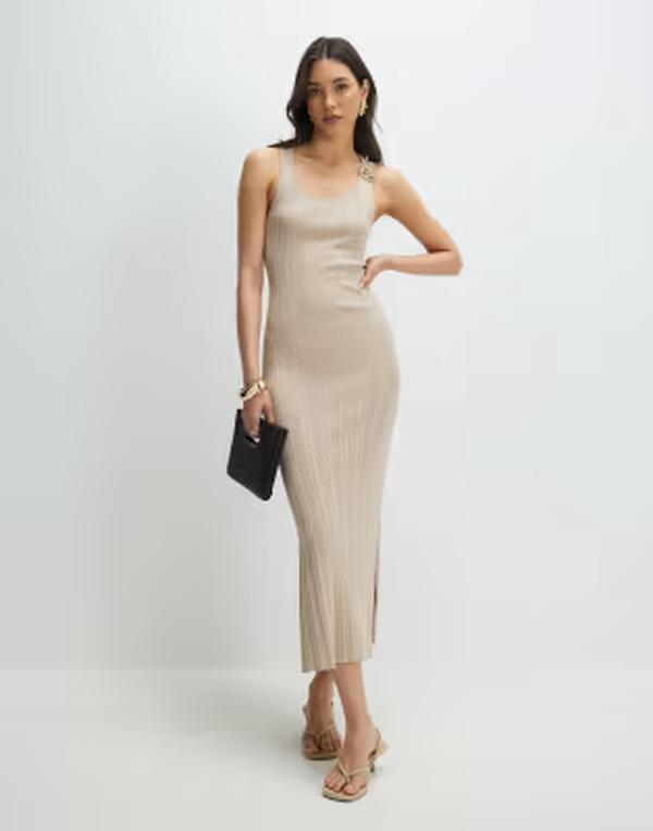 リバーアイランド レディース トップス 衣装 肋筋 midi 編み物 River Island Beige knitted ribbed MIDI dress インチ stone 石ころ
