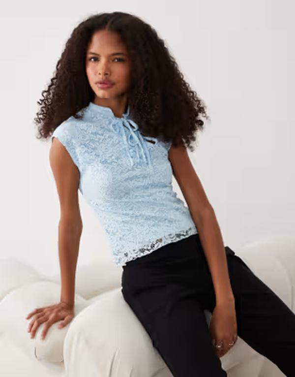 ミスセルフフリッジ レディース トップス シャツ レース Misselfridge lace top with tie-up mandarin collar BLUE ブルー