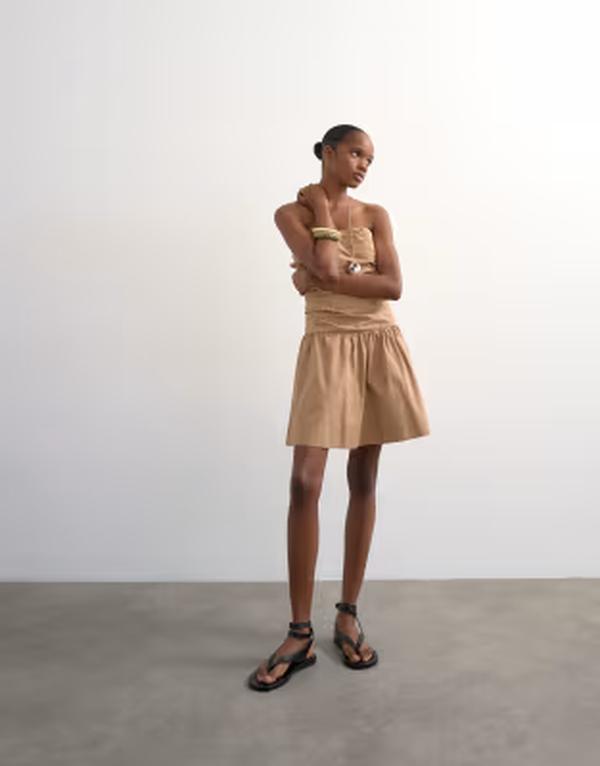 とっ始め販売店 レディース トップス 衣装 ギャザー ミニ ストラップレス Topshop ruched strapless mini dress インチ taupe トープ