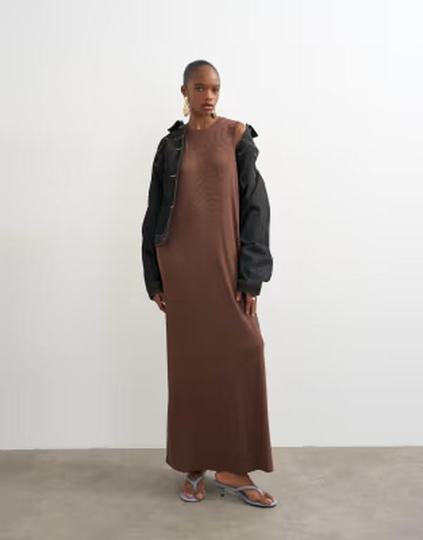 トップショップ レディース トップス ワンピース リブニット マキシ Topshop dropped armholes rib knit maxi dress in chocolate BROWN ブラウン
