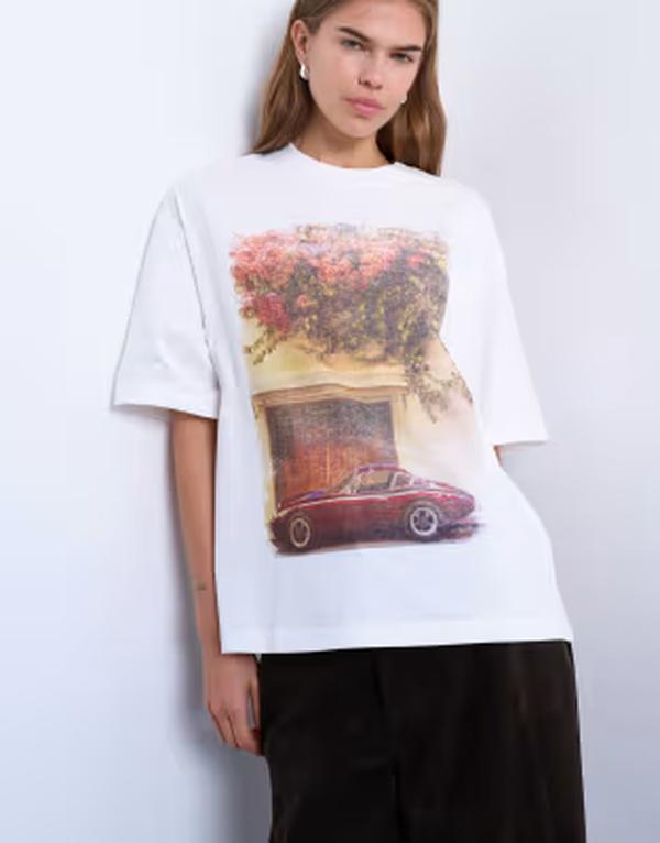 とっ始め販売店 レディース トップス ティーシャツ 刷り上げる グラフィック Topshop graphic oversized retro car printee IVORY 象牙色 Tシャツ・カットソー-レディースファッション-トップス