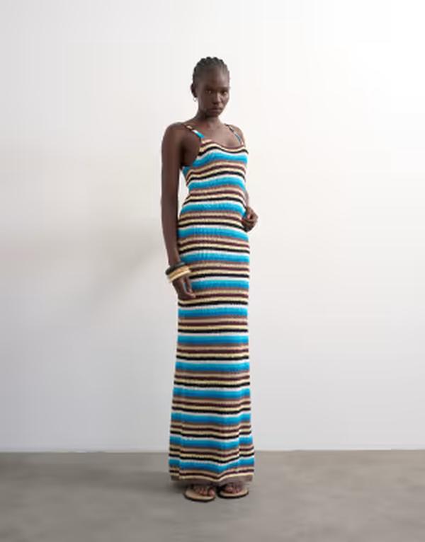 とっ始め販売店 レディース トップス 衣装 編み物 マキシ Topshop knit multi stripe maxi dress Blue 青み
