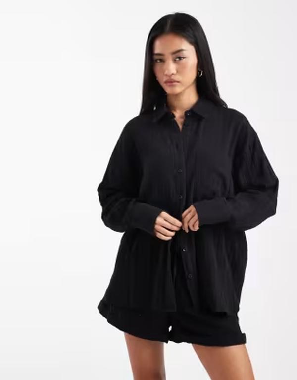 エイソス レディース トップス シャツ コットン ASOS DESIGN oversized textured cotton shirt Black ブラック