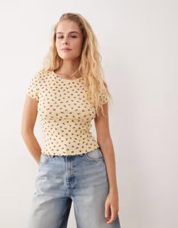 ミスセルフフリッジ レディース トップス シャツ プリント リブ Misselfridge yellow ditsy print short sleeve ribbed lettucedge T-shirt Ditsy print イエロー