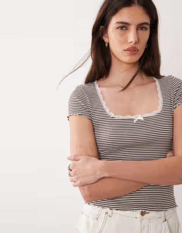 ミスセルフフリッジ レディース トップス シャツ レーストリム レース Misselfridge striped square neck lace trim short sleeve top STRIPE ストライプ