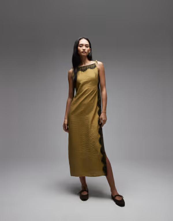 エイソス レディース トップス 衣装 繻子 スピード競技 マキシ ASOS DESIGN crinkled square neck satin cami maxi dress with lace detailing インチ olive オリーブ
