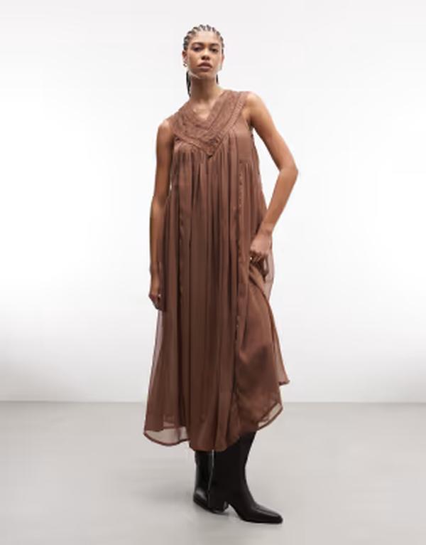 リクレイム ヴィンテージ レディース トップス 衣装 midi スピード競技 Reclaimed Vintage MIDI dress with lace collar brown 赤銅色