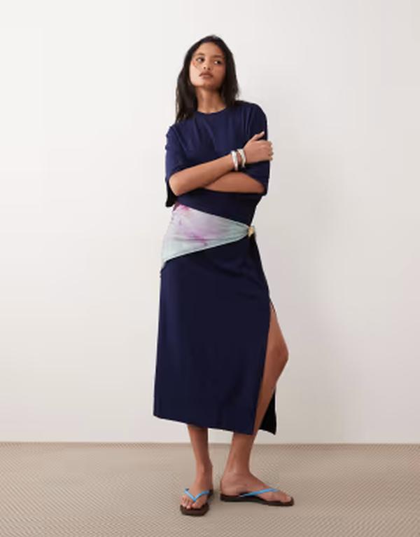 エイソス レディース トップス 衣装 midi プルオーバー ASOS DESIGN batwing T-shirt MIDI dress NAVY 米国海軍