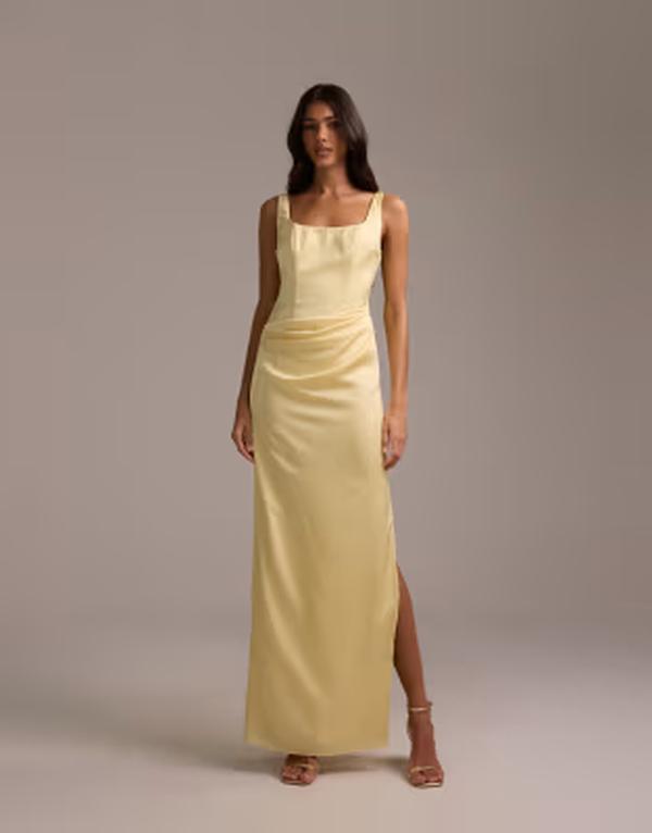 エイソス レディース トップス ワンピース アシンメトリー オーバーレイ サテン スカート マキシ ASOS DESIGN bridesmaidsquare neck satin maxi dress with asymmetric skirt overlay in lemon