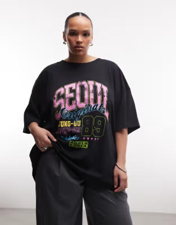 エイソス レディース トップス Tシャツ グラフィック ASOS Curve ASOS DESIGN Curve oversized T-shirt with Seoul graphic Black ブラック