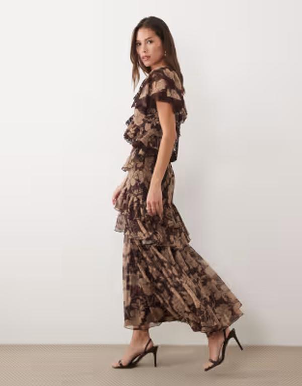 エイソス レディース トップス ワンピース オープンバック フラワー柄 フリル フラワー ASOS DESIGN full hem ruffle dress with trim detailing and open back floral Brown floral print ブラウン