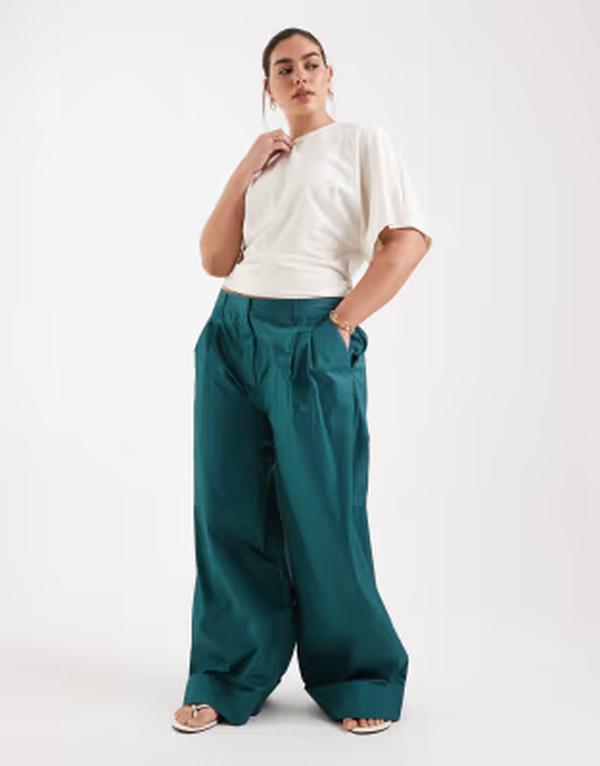 エイソス レディース ボトムス カジュアルパンツ ワイドレッグ ASOS Curve ASOS DESIGN Curve wide leg pants with turn up in teal - part of a seteal ティール｜ReVida 店 15,036円