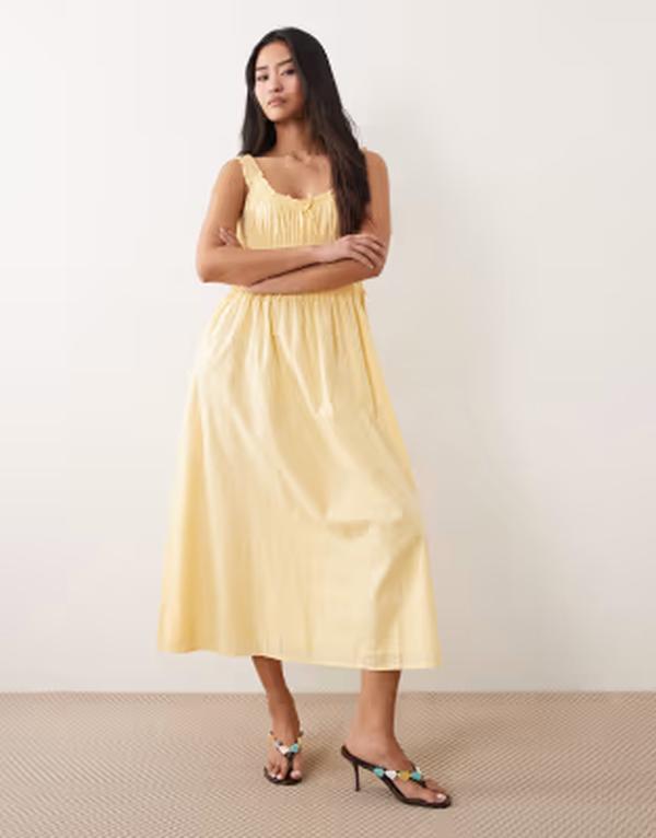 ノーバディーズ チャイルド レディース トップス ワンピース ギャザー フリル ミディ Nobody's Child Ariel ruched bodice ruffle trimidi dress in butter yellow イエロー
