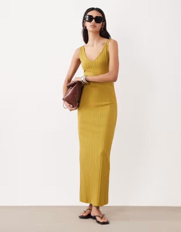 エイソス レディース トップス ワンピース Vネック ミディ ノースリーブ ASOS DESIGN wide rib sleeveless V neck midi dress in mustard マスタード
