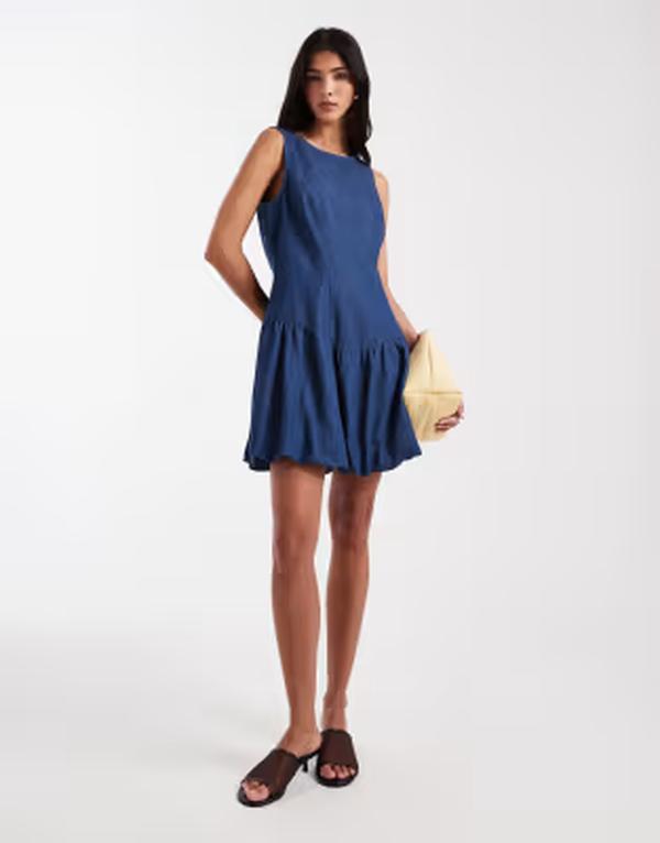 ピーシーズ レディース トップス ワンピース ミニ デニム Pieces denim dropped waist bubble hemini dress in medium blue denim デニム