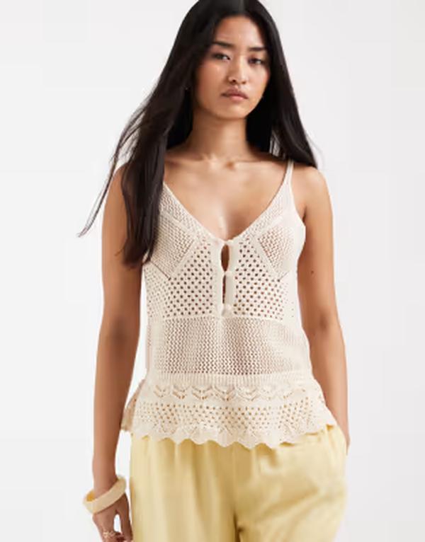 オンリー レディース トップス より良い 編み物 ONLY crochet knit peplum top インチ cream Ecru エクリュ