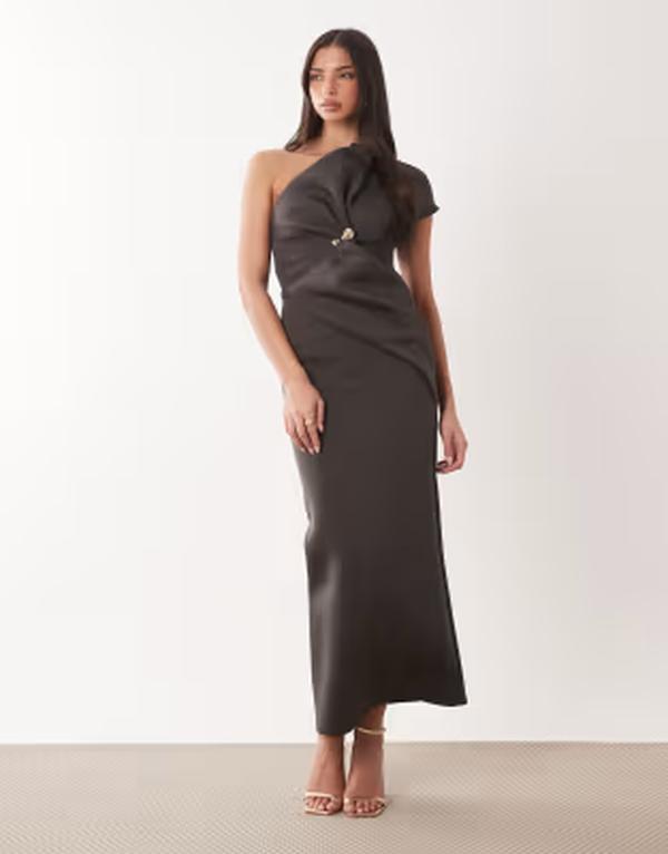 エイソス レディース トップス ワンピース アシンメトリー ミディ スキューバ ASOS DESIGN asymmetric one shoulder midi dress with trim scuba-style fabric Brown ブラウン