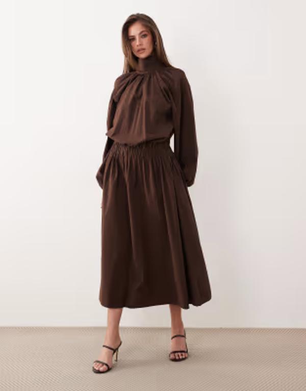 エイソス レディース トップス ワンピース フルジップ マキシ ASOS DESIGN zip through poplin volume pleat maxi dress in chocolate BROWN ブラウン
