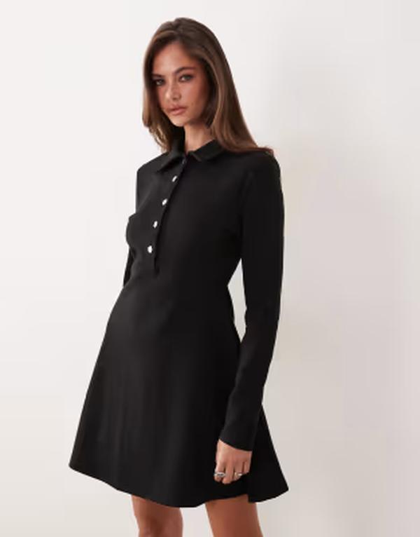 エイソス レディース トップス ワンピース A ライン ミニ ASOS DESIGN interlock collared button front A-line mini dress Black ブラック