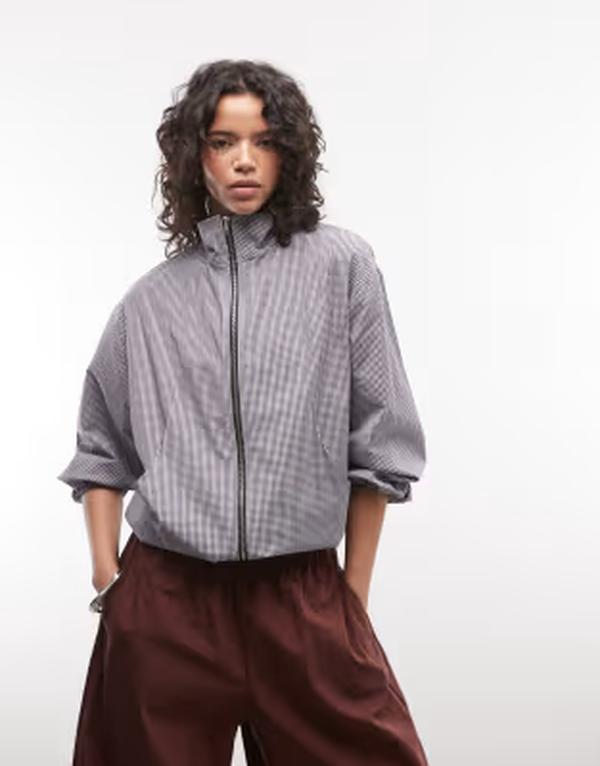 コルージョン レディース トップス シャツ フルジップ スタンドネック COLLUSION funnel neck zip through shirt check BLUE ブルー