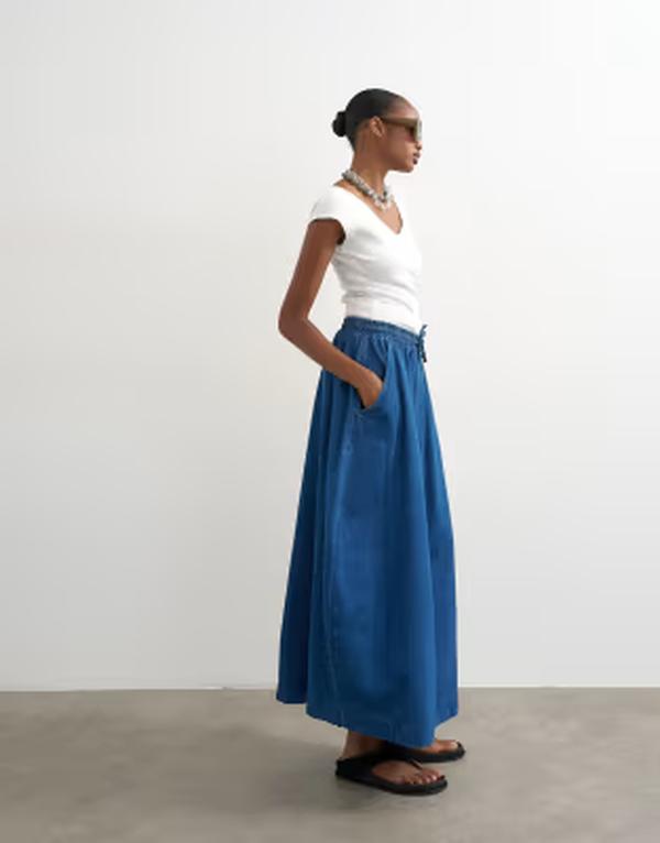 とっ始め販売店 レディース 下つ方スコート ジーンズ Topshop denim pull on barrel skirt インチ rich blue 青み