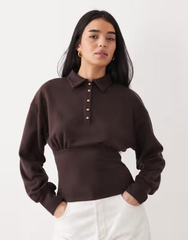 エイソス レディース トップス ティーシャツ 酉の方角目じるし ASOS DESIGN interlock long sleeve cinched waist button frontop インチ chocolate 黒茶 レディースファッション-Tシャツ・カットソー