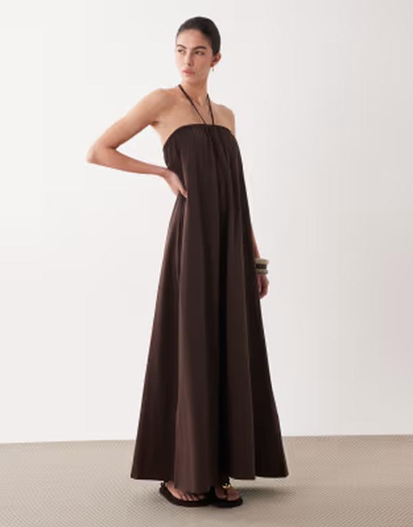 エイソス レディース トップス ワンピース タイディテール ストラップレス マキシ ASOS DESIGN strapless maxi dress with tie detail in chocolate チョコレート