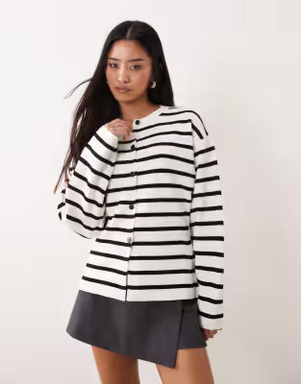 エイソス レディース アウター カーディガン クルーネック ニット ASOS DESIGN knit structured crew neck cardigan in mono stripe MONO ストライプ