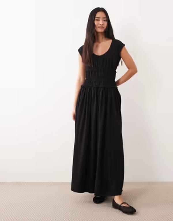 エイソス レディース トップス ワンピース ウエストマーク マキシ ASOS DESIGN short sleeve with gathered cinched waist maxi dress Black ブラック 15,185円