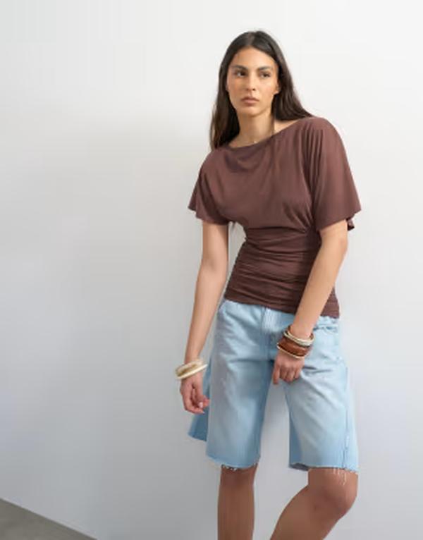 とっ始め販売店 レディース トップス プルオーバー ギャザー Topshop cupro ruched side top BROWN 赤銅色