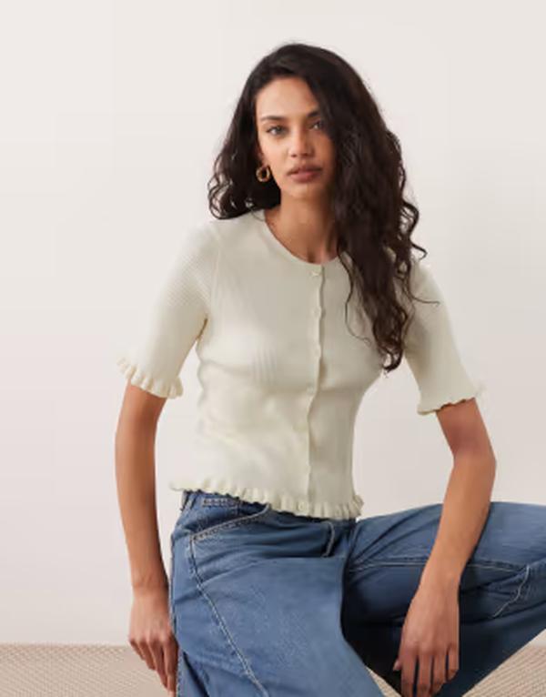 ミスセルフフリッジ レディース アウター カーディガン Misselfridge short sleeve cardigan with flute sleeves in cream クリーム