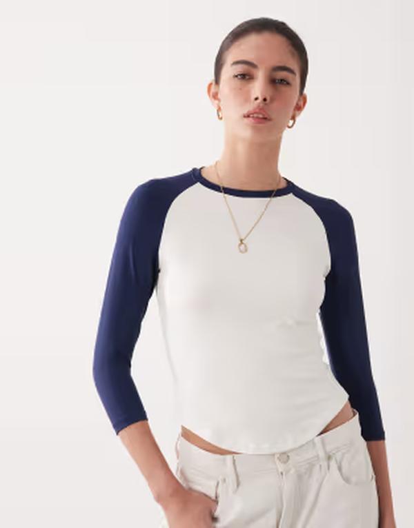 エイソス レディース トップス プルオーバー ASOS DESIGN polyamide three-quarter sleeve baseball tee Navy \u0026 White 白いこと