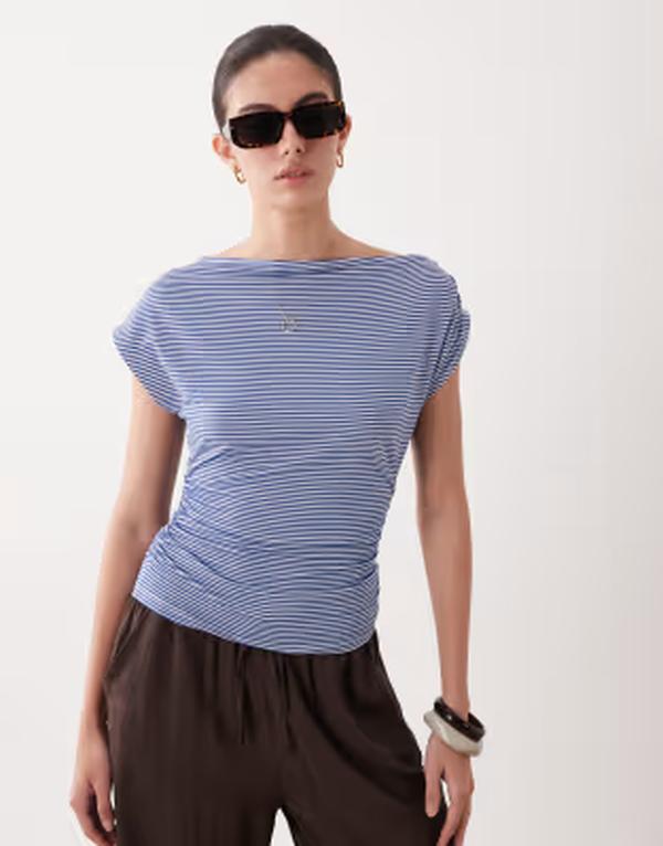 エイソス レディース トップス プルオーバー 非対称 ASOS DESIGN cinched asymmetric long sleeve top stripes Blue Stripe 青み