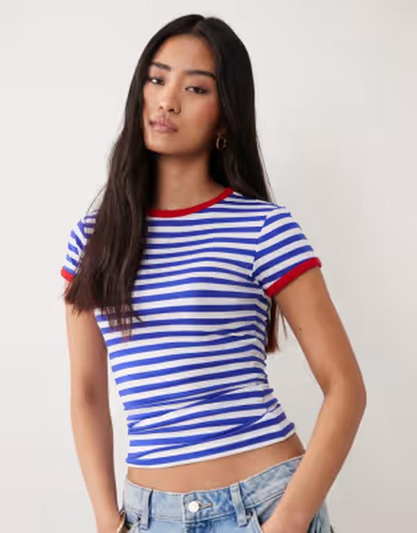 エイソス レディース トップス Tシャツ ASOS DESIGN ringer baby T-shirt stripe Blue Stripe ブルー｜ReVida 店