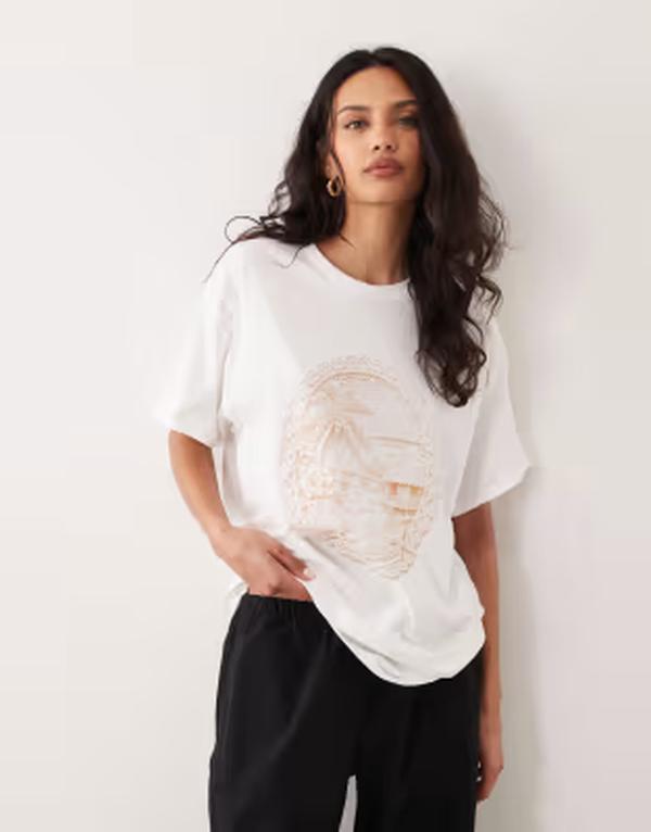 ミスセルフフリッジ レディース トップス Tシャツ プリント Misselfridge oversized T-shirt with crochet beach print WHITE ホワイト
