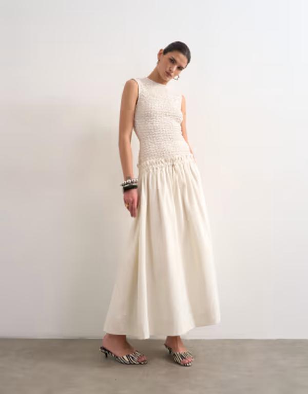 とっ始め販売店 レディース トップス 衣装 綿織物 マキシ Topshop dropped waist heavy cotton maxi dress Off white 象牙色