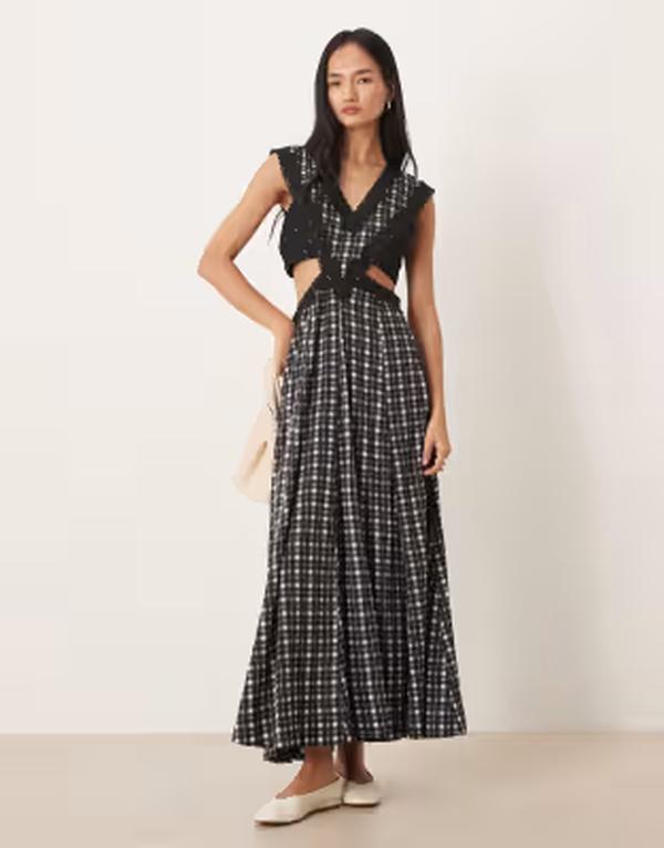 エイソス レディース トップス 衣装 カットアウト ノースリーブ スピード競技 マキシ ASOS DESIGN lace applique sleeveless cut-out maxi dress check Black check 黒いこと