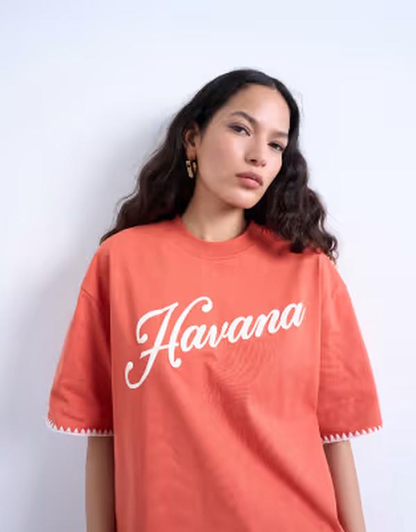 トップショップ レディース トップス Tシャツ グラフィック Topshop graphic Havana oversized whip stitch tee in orange オレンジ