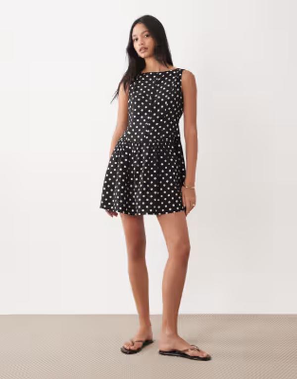 ブレーブソウル レディース トップス ワンピース ドット柄 ボタンダウン ドット ミニ ダウン Brave Soul slash neck button down dropped waist mini dress in mono polka dot Polka dot ドット