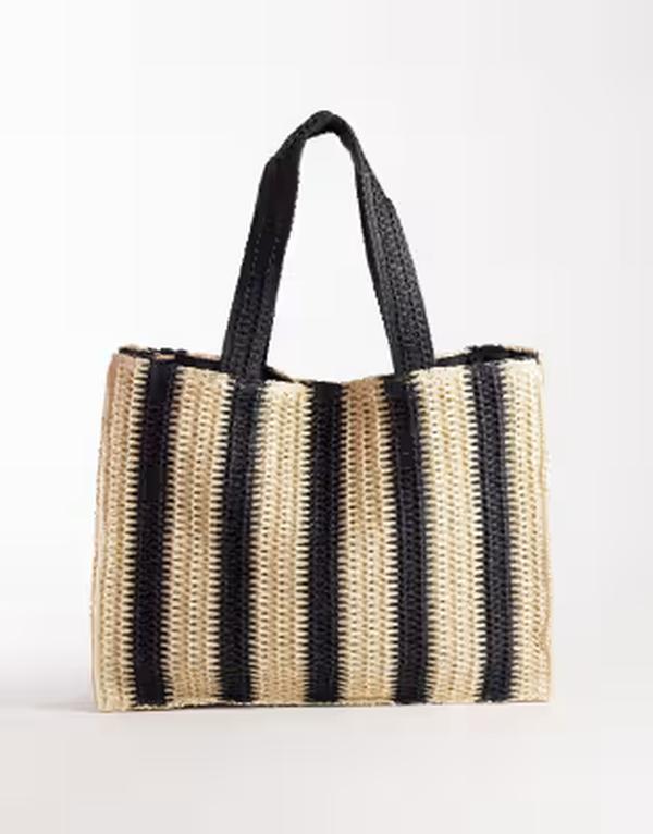 サウスビーチ レディース バッグ South Beach shoulder straw beach tote bag in mono vertical stripe Multi マルチカラー