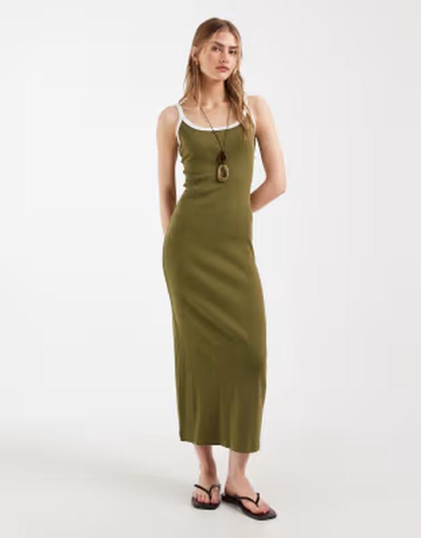 エイソス レディース トップス 衣裳 リブニット midi 対比 編み物 ASOS DESIGN rib knit MIDI dress green with white contrastrim Khaki \u0026 white 白いこと
