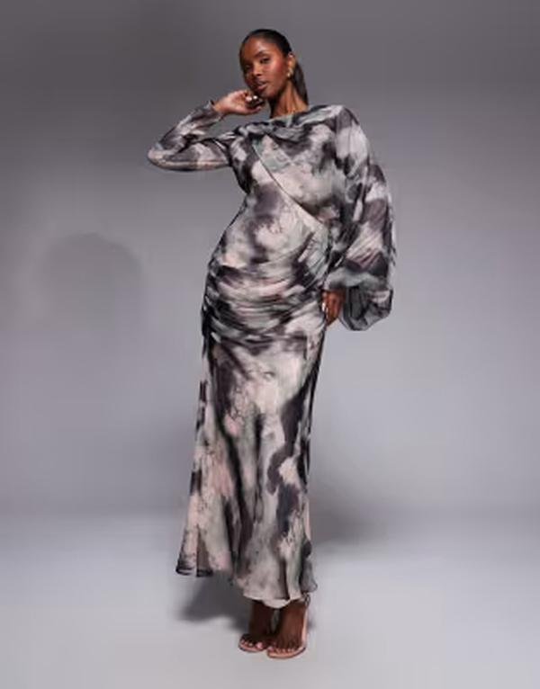 エイソス レディース トップス ワンピース ドレープリント マキシ ASOS DESIGN drape front blouson sleeve maxi dress in charcoal abstract marble print Mustard floral マスタード