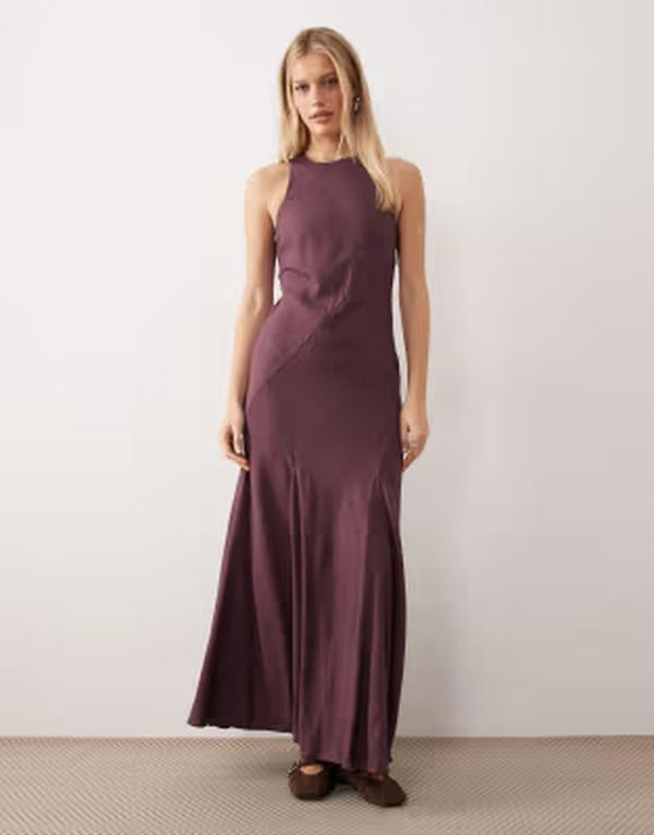 エイソス レディース トップス ワンピース リネン ASOS DESIGN linen blend racer neck midaxi sundress with godets in plum プラム