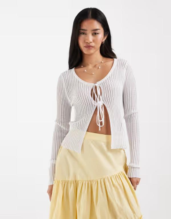 オンリー レディース アウター カーディガン リブ ONLY tie front ribbed cardigan WHITE ホワイト 13,634円