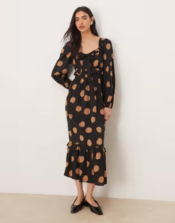 ウェンズデーガール レディース トップス ワンピース ドット Wednesday's Girl bow detailong sleeve midaxi dress polka dots BROWN ブラウン