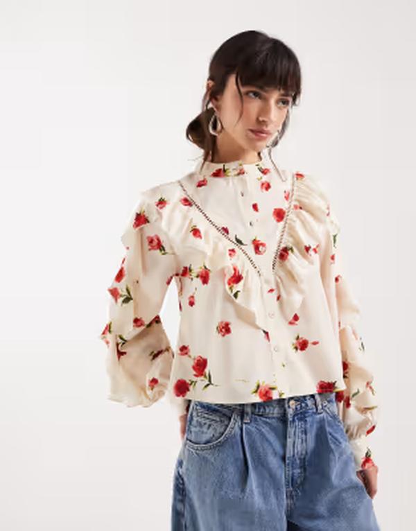 ウェンズデーガール レディース トップス シャツ フラワー柄 プリント フリル フラワー Wednesday's Girlong sleeve ruffle collared top in delicate floral print Multi マルチカラー
