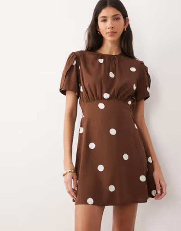 ウェンズデーガール レディース トップス ワンピース ドット ミニ Wednesday's Girl short sleeve mini dress polka dots BROWN ブラウン