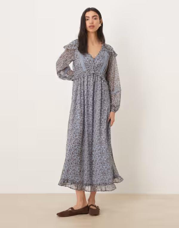 ウェンズデーガール レディース トップス ワンピース フラワー柄 プリント フラワー Wednesday's Girlong sleeve floaty floral print midaxi dress BLUE ブルー|ReVida 店